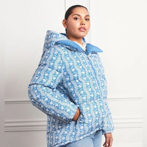 Hill House Reversible Edie Puffer Jacket in Blue Linear Floral NWT - Picture 7 of 16